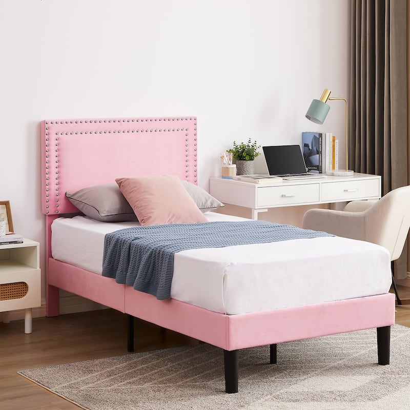 VECELO Twin Size Kids Beds Set of 2 Adjustable Headboard Soft Upholstered Headboard with Rivet Detail 8" Underbed Storage