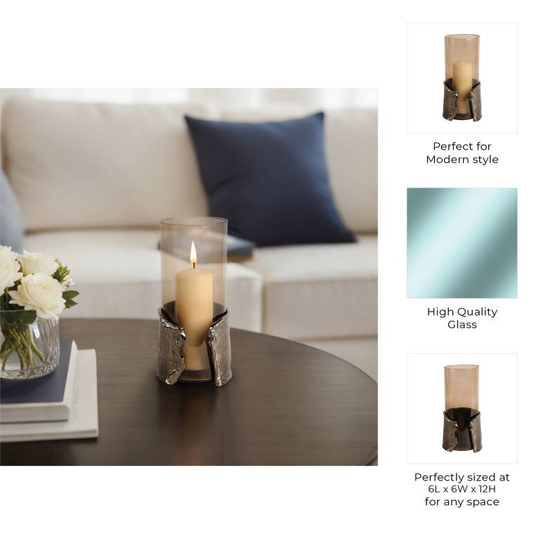 Candle Holder - Brown Glass with Metal Wraparound