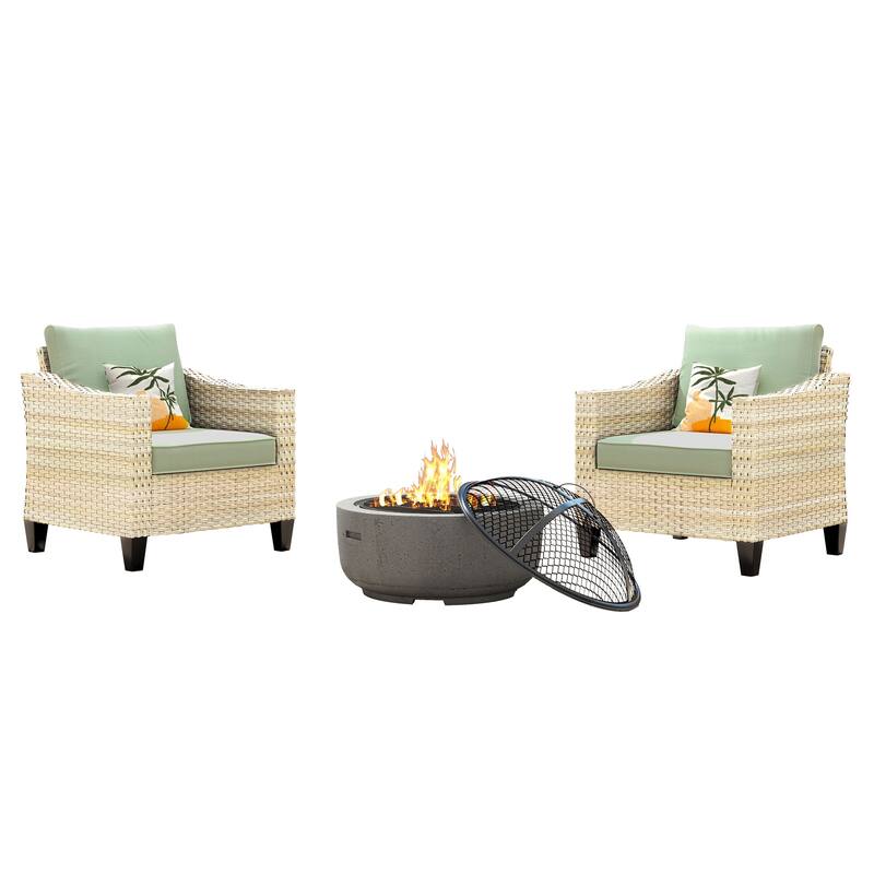 HOOOWOOO 3-piece Outdoor Patio Wicker Chat Set with Firewood Stove