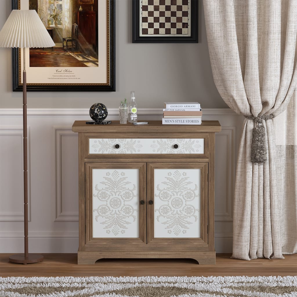 Anmytek Rustic Vintage Accent Cabinet with Carved Floral Panels, Distressed Wood Sideboard with Drawer and Double Doors