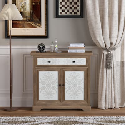 Rustic Vintage Accent Cabinet with Carved Floral Panels, Distressed Wood Sideboard with Drawer and Double Doors