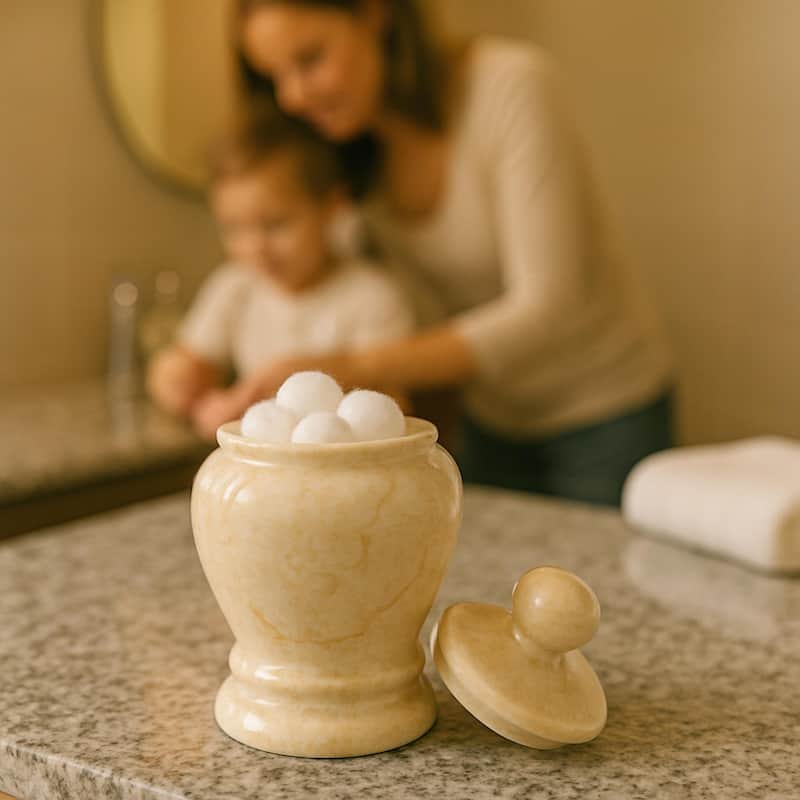 Creative Home Aladdin Collection Champagne Marble Cotton Ball Swab Holder, Bathroom Storage Jar - Beige