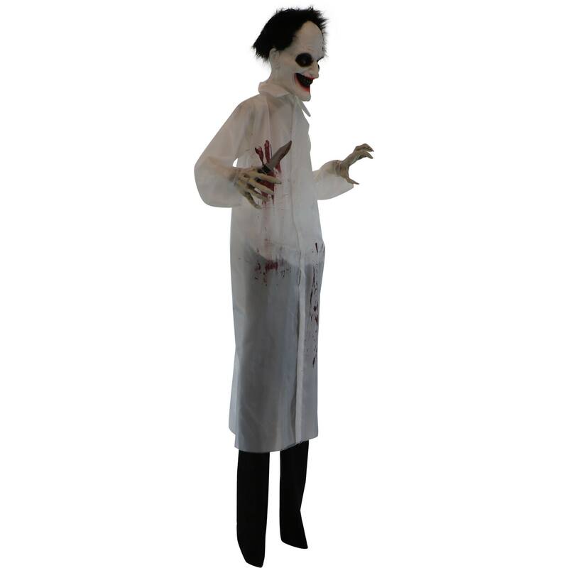 Haunted Hill Farm 5.75-Ft. Animatronic Doctor, Indoor/Covered Outdoor Halloween Decoration, Red LED Eyes, Laughing, Snips