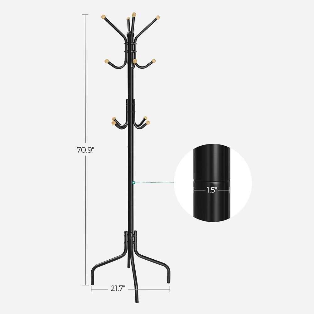 Metal Coat Rack with 12 Hooks - 21.7”D x 21.7”W x 70.9”H (55 x 55 x 180 cm) - Black