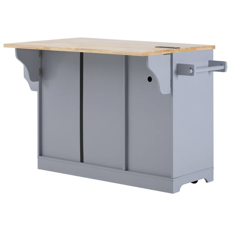 59.3" Rolling Kitchen Island with Drop Leaf, Power Outlet & Trash Can Storage