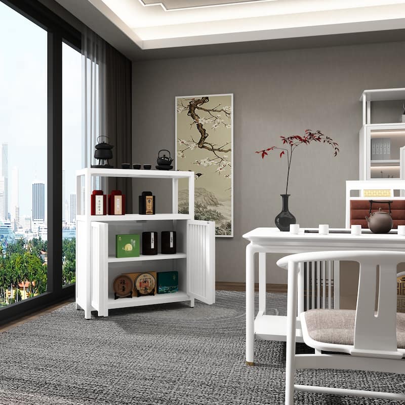 Bamboo Bathroom Storage Cabinet, Freestanding Storage Organizer, Bathroom Floor Cabinet with 2 Shutter Doors & Open Shelf