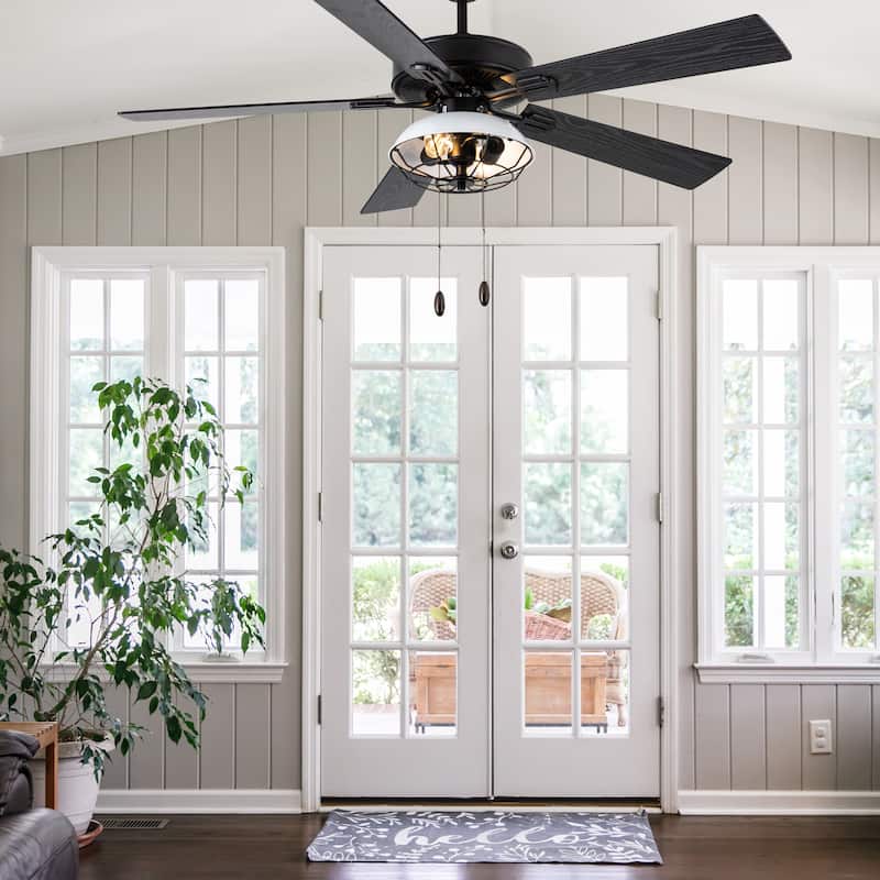 Hudson River of Goods White and Black Metal 52-inch 2-Light Ceiling Fan - 52" x 52" x 13.5"/18.5"