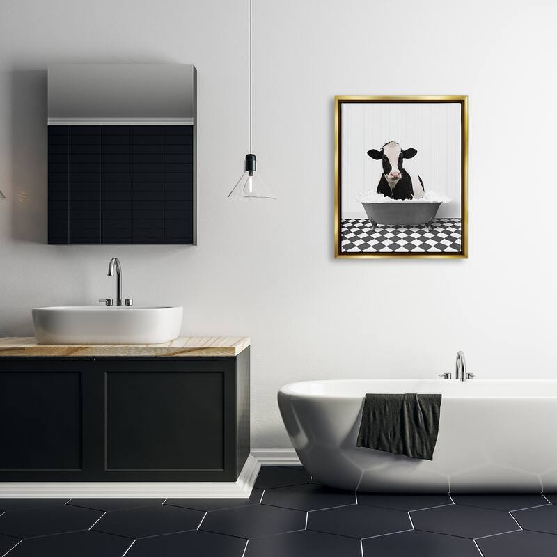 Stupell Farmhouse Bathroom Cow Framed Floater Canvas Wall Art Design by Lettered and Lined