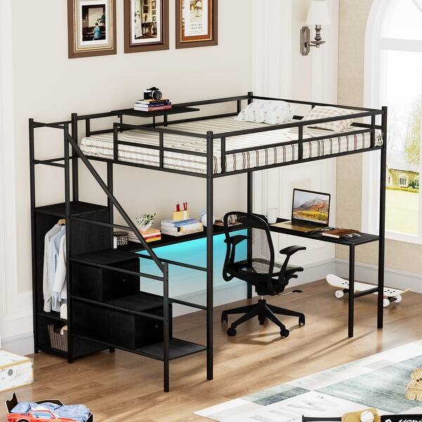 slide 2 of 20, Full Size Metal Loft Bed with L-Shaped Desk, RGB LED Lighting, USB Charging Station, Wardrobe Cabinet, Drawers, Ladder Black