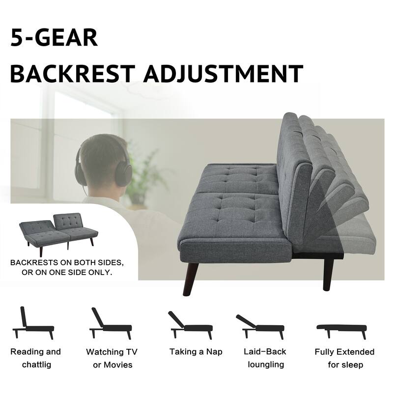 2-Seater Sofa Bed Grey Convertible Sofa Bed with 5-Position Adjustable Backrest, 63" Loveseat Sleeper Sofa Couch