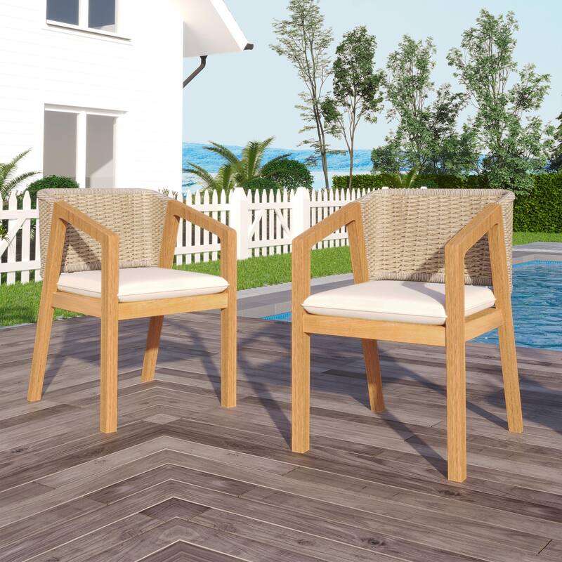Roomfitters Outdoor Dining Chairs Set of 2, Woven Rope Back with Wood Frame and Cushions, Patio Seating in Natural Beige - Light Teak