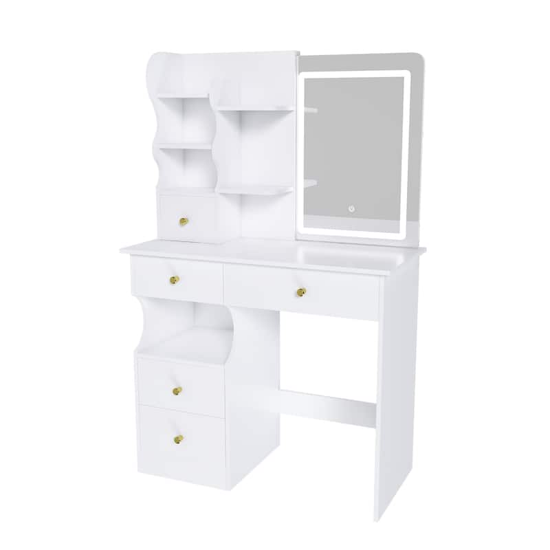 White Makeup Vanity Desk with HD LED Lighted Retractable Mirror Drawers and Open Shelves for Bedroom and Small Spaces