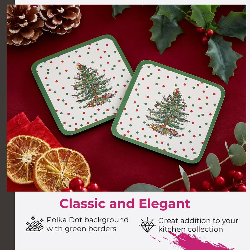 Pimpernel Set of 6 Christmas Tree Polka Dot Coasters - 4" L x 4" W