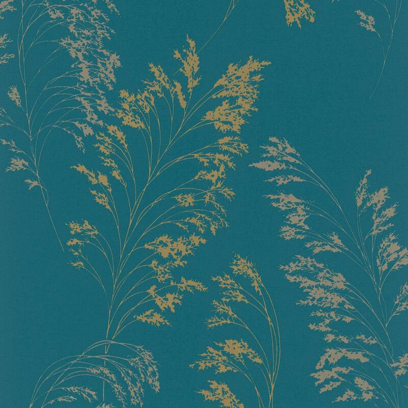 Galerie Wallcoverings Shrub Leaf On Plain Linen Texture Vinyl on Non-woven Soft Metallic Wallpaper Roll - 33 feet x 21 inches - Teal/Gold