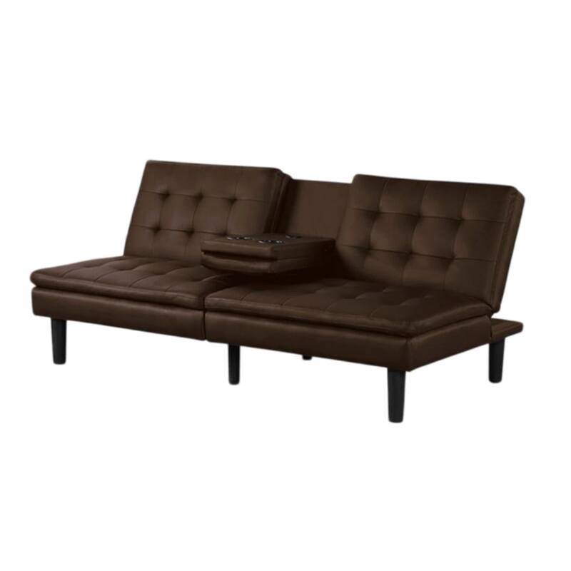 Berie Futon Sofa Bed, Drop-Down Tray and Cupholder, Brown Faux Leather