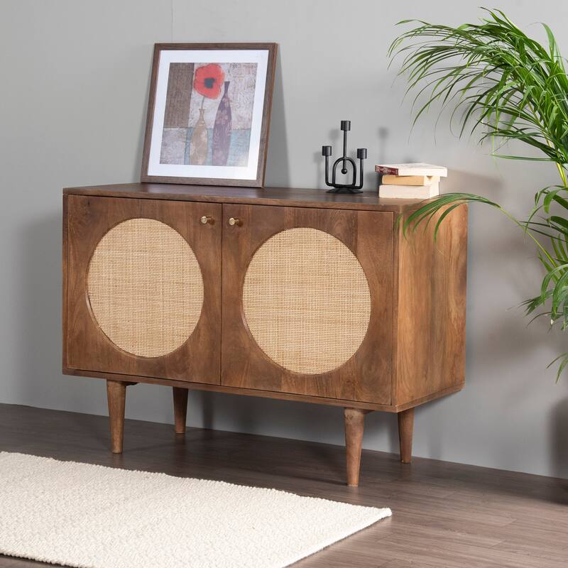 Circle Solid Wood with Natural Woven Cane Two-Door Cabinet