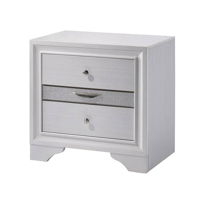 Contemporary White Nightstand with Hidden Jewelry Drawer and Silver Accents