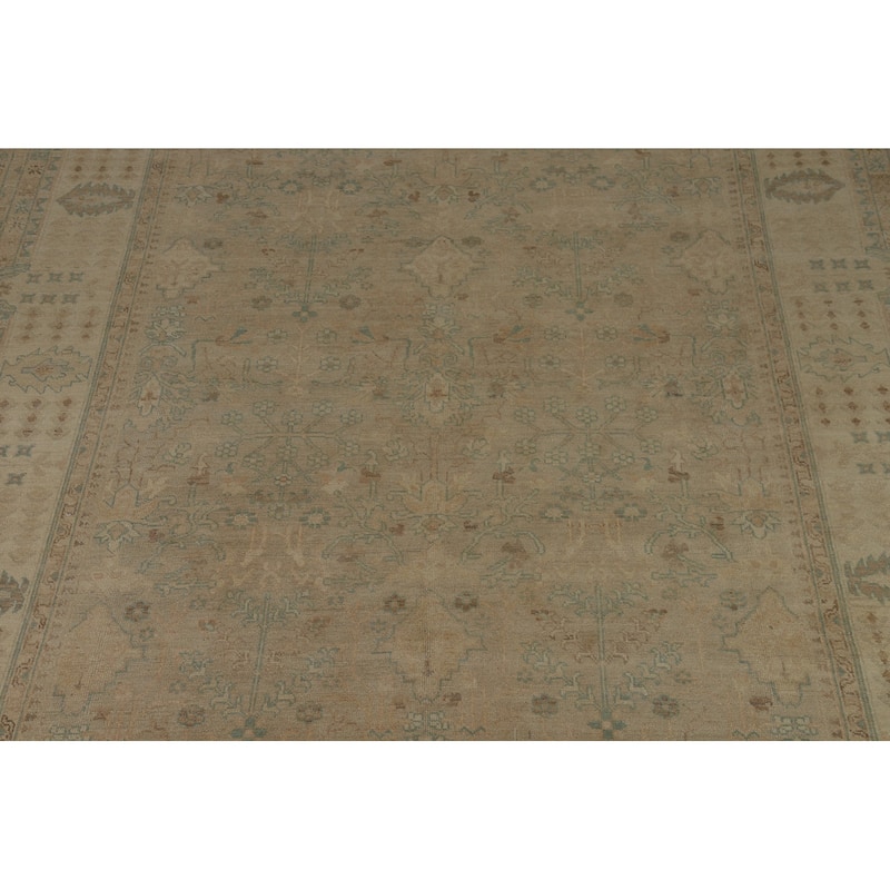 Vegetable Dye Oushak Turkish Area Rug Hand-Knotted Beige Wool Carpet - 9'0" x 12'7"