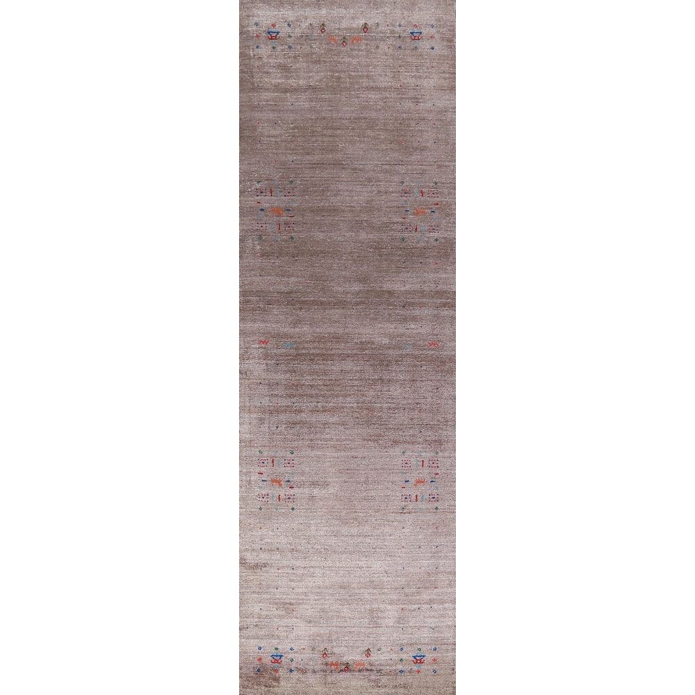 Hand Knotted Oriental 100% Wool Carpet Tribal Animal Pictorial Brown Gabbeh Runner Rug - 11' 9'' X 2' 7''