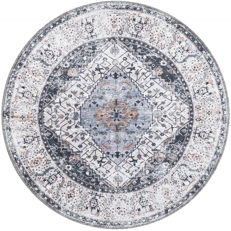 Traditional Tira Collection Area Rug - 4' Round - Linen-Charcoal
