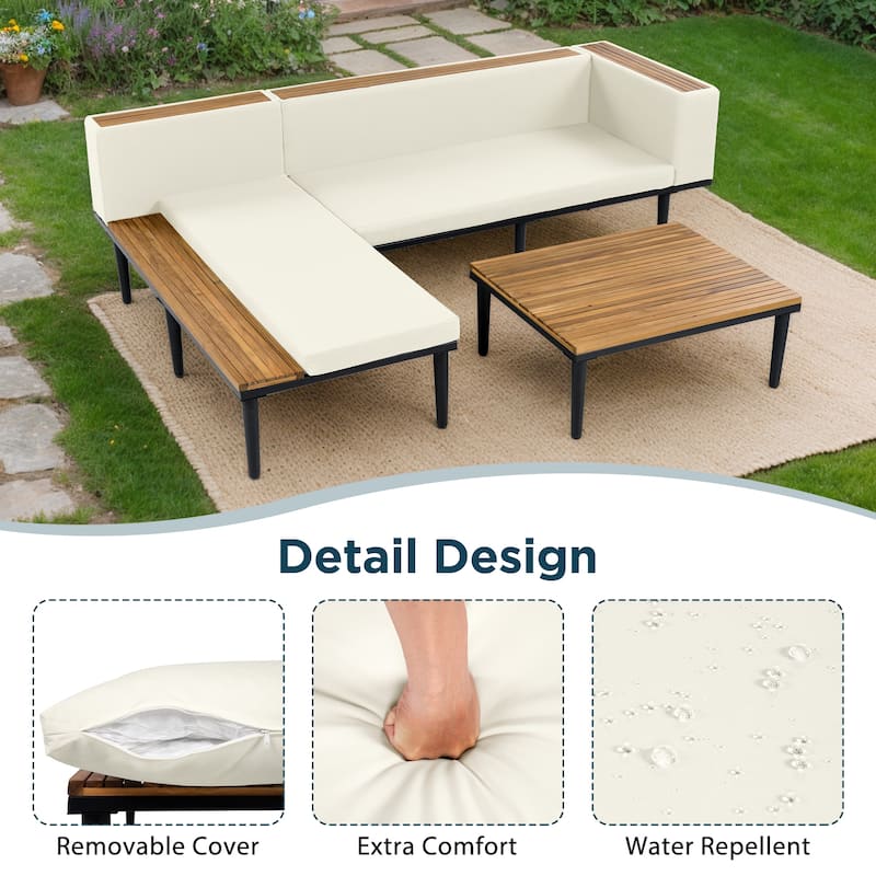 Roomfitters L-Shaped Outdoor Sectional Sofa Set with Built-in Wood Side Tables and Coffee Table, Patio Conversation Set