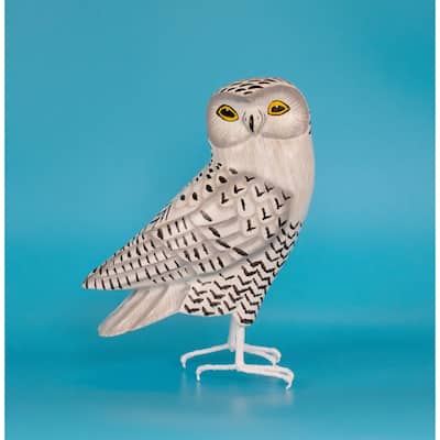 Wood Snowy Owl Figurine - Hand Carved Bird Sculpture, White Owl Wildlife Decor - 8" tall x 6" wide x 3.5" deep