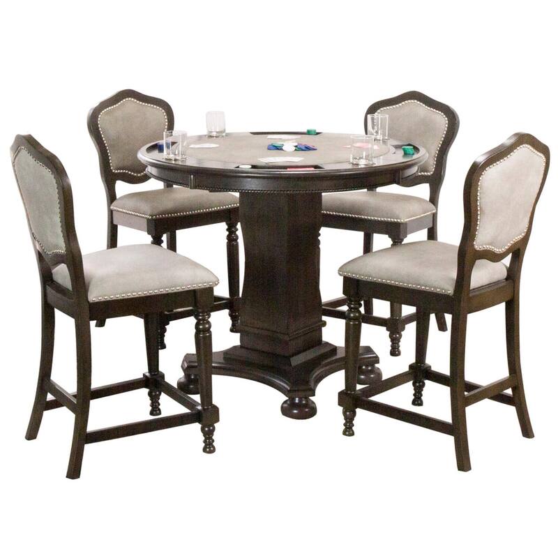 5 Piece Round Counter Height Dining Game Table Set - Poker, Chess, Rummy - Distressed Gray Wood & Stools