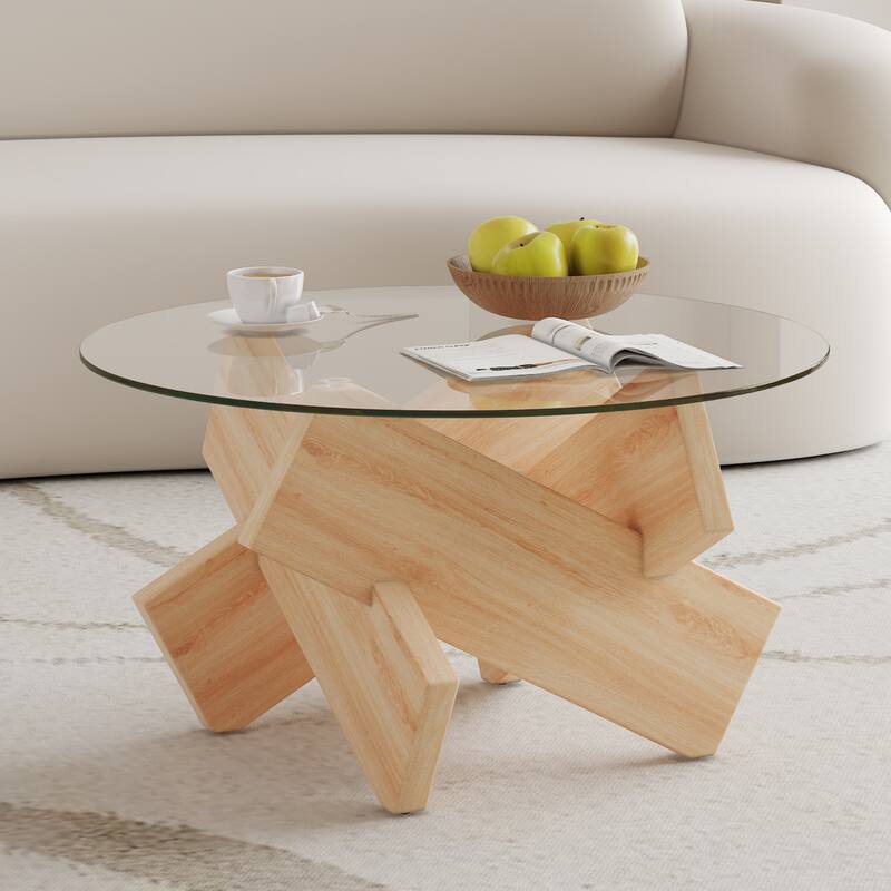33.4" Modern Round Coffee Table with Clear Tempered Glass Top and MDF Legs for Living Room