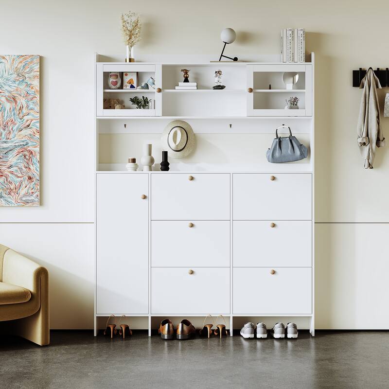 Sophisticated Shoe Cabinet with 6 Flip Drawers, 4 Hooks, Glass Doors