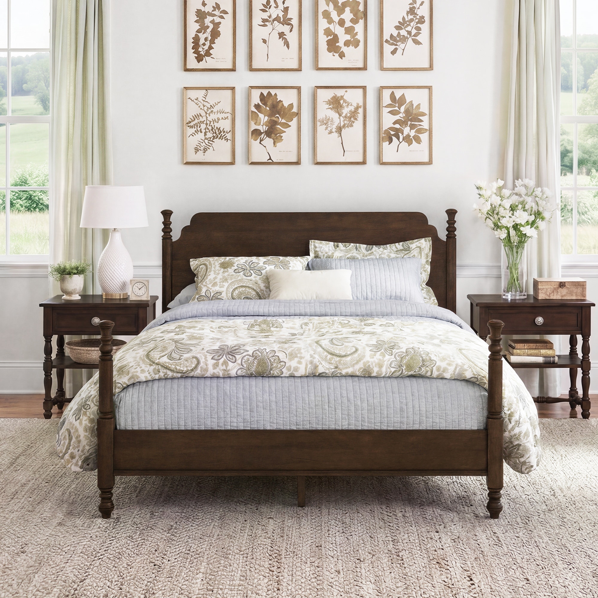 Mid-Century Modern Bed Frame with Tall Headboard, Solid Wood Platform Bed Frame with Adjustable Sturdy Support Legs