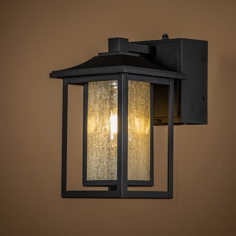 1 Light Black Dusk to Dawn Sensor Glass Outdoor Wall Sconces Built-in GFCI Outlets - W 6.3" - W 6.3" - Matte Black