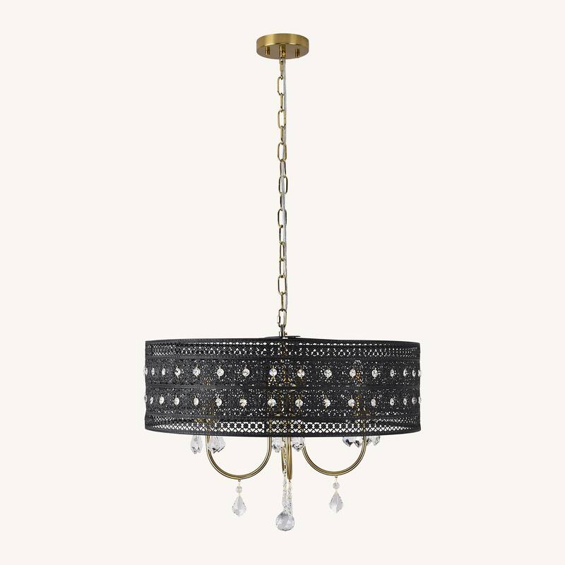 4-Light Elegant Black Lace - Trimmed Crystal Chandelier with Gold - Tone Hardware for Home Decoration - Matte Black