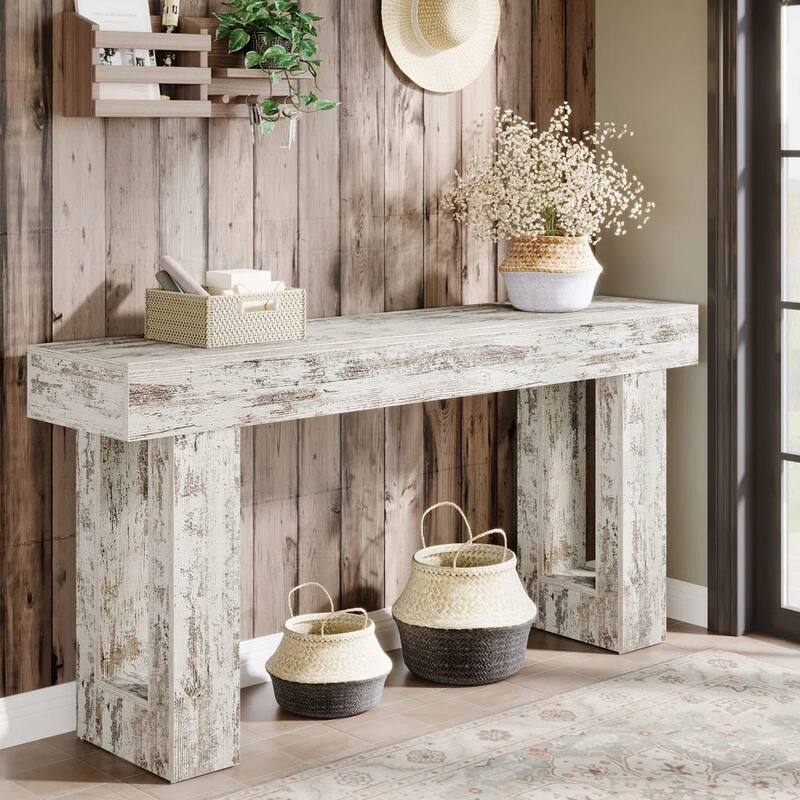 63 Inch Modern Rustic Entryway Console Table with Wood Finish and Legs for Hallway or Living Room - 63”L x 3.77”W x 33.46”H