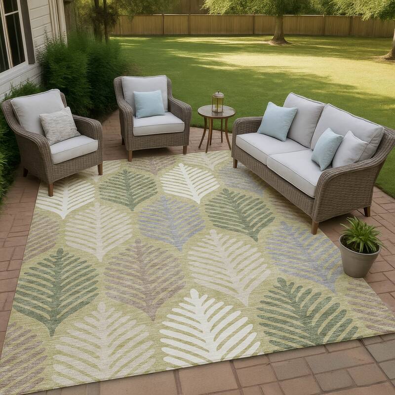Machine Washable Indoor/ Outdoor Modern Fern Chantille Rug - Aloe - 9' x 12'