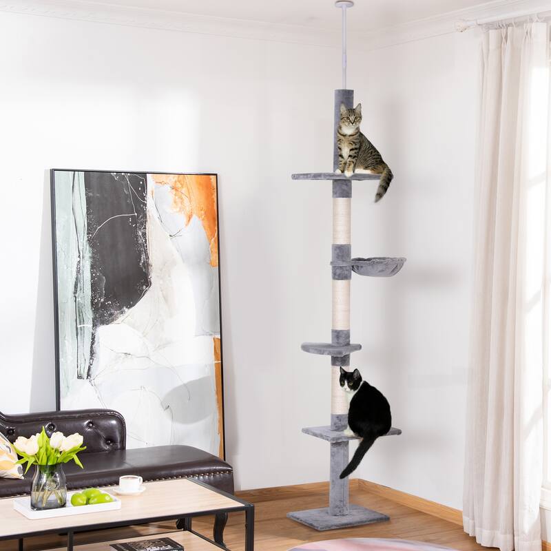 9' Adjustable Height Floor-To-Ceiling Vertical Cat Tree - Grey and White - Gray