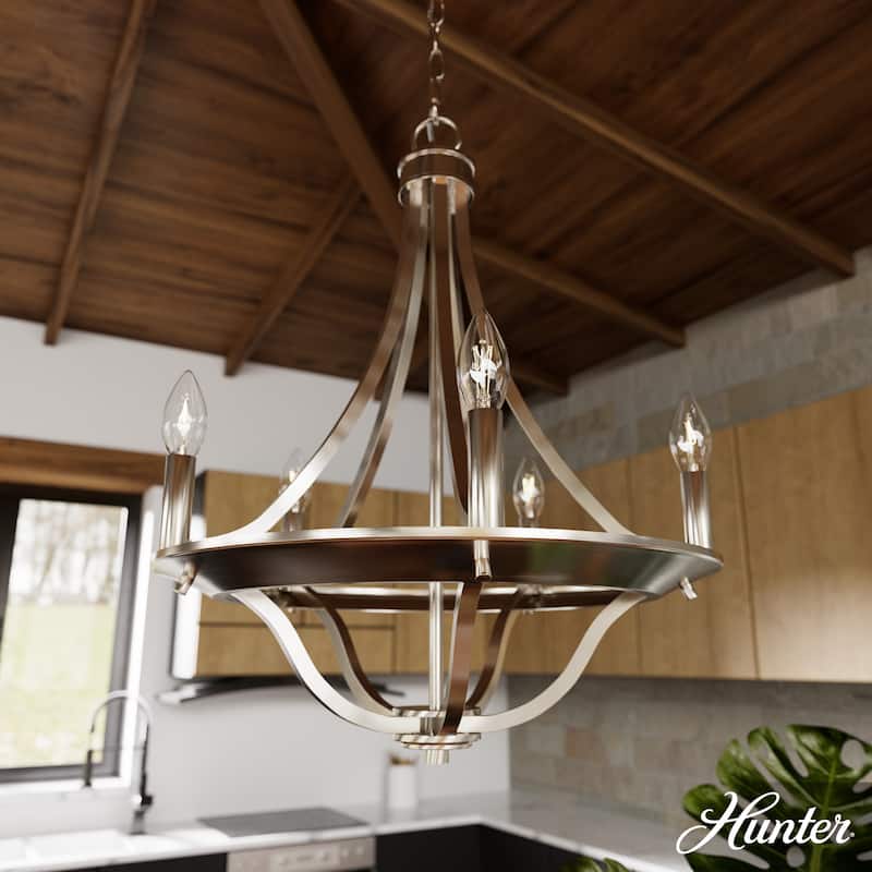 Hunter Perch Point Chandelier, Wheel, Candle, Dining Room, Entry, Modern Rustic, Industrial - 18" 5 Light - Brushed Nickel