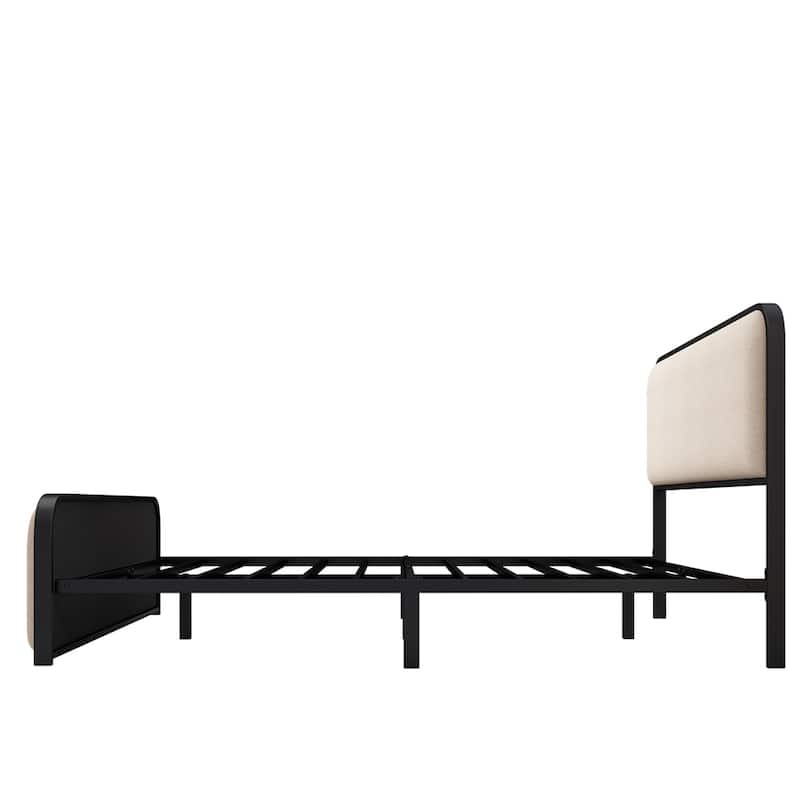 Modern Metal Bed Frame with Curved Upholstered Headboard and Footboard