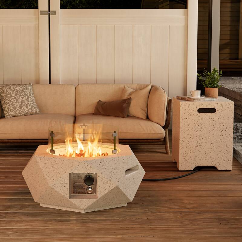 COSIEST Outdoor White Hexagon Fire Pit w Wind Glass, Tank Cover