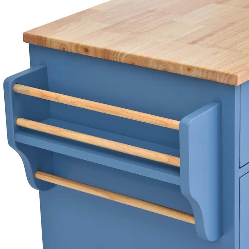 Kitchen Island with on Locking Wheels, Rolling Cart with Rubber Wood Desktop, Mobile Island with 3 Open Shelves & 5 Drawers