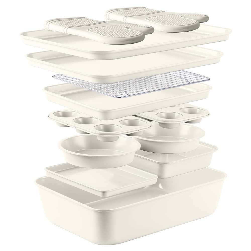 Country Kitchen Nonstick Stackable Bakeware Set - Durable, Easy Release Baking Set, Cream, 13 Pcs