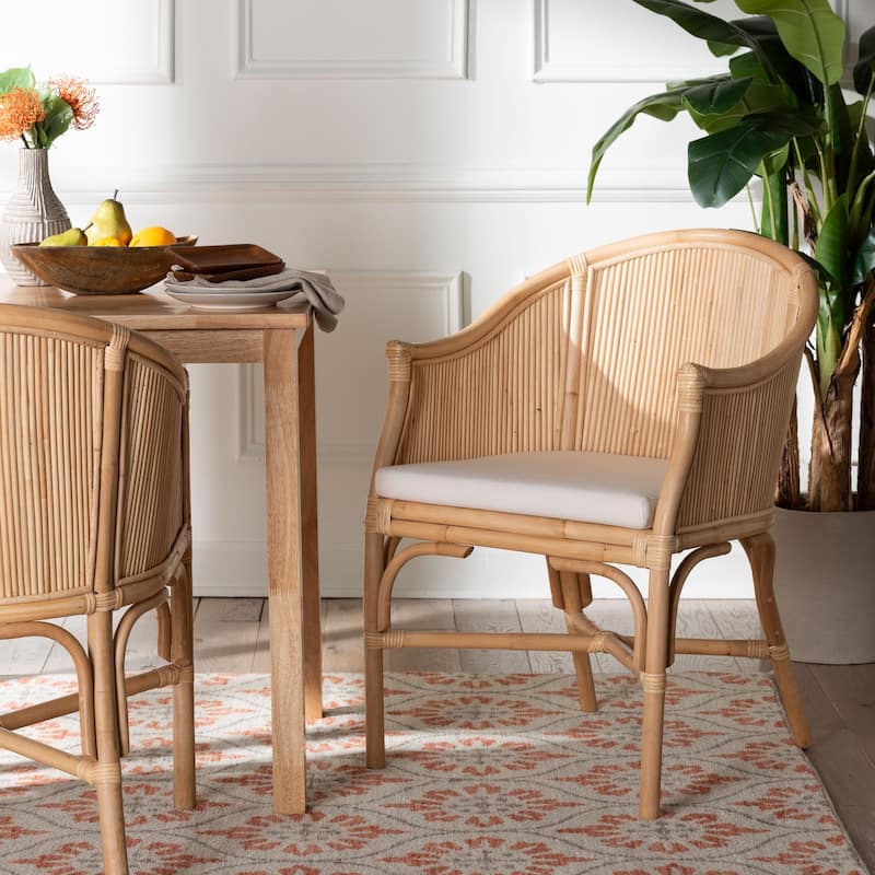 Hollis Natural Rattan Barrel Chair - Handcrafted Accent Armchair with Laminated Rattan Pole Back, Coastal Boho Seating