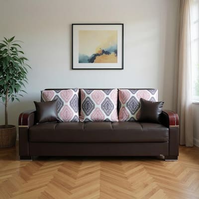 HomeRoots 87" Brown Faux Leather Convertible Futon Sleeper Sofa And Toss Pillows With Storage