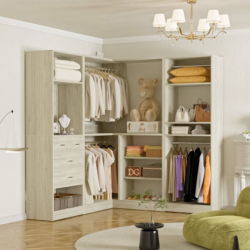 Cimly Set of 3 Corner Closet System with Hanging Rods, Space-saving Closet Organizer with Mirror - 86'' - Washed Oak