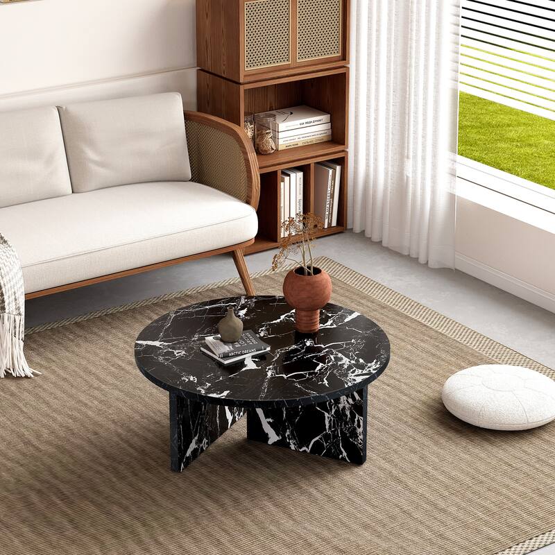 Modern Faux MarbleCoffee Table Round Coffee Table with T-shaped Base