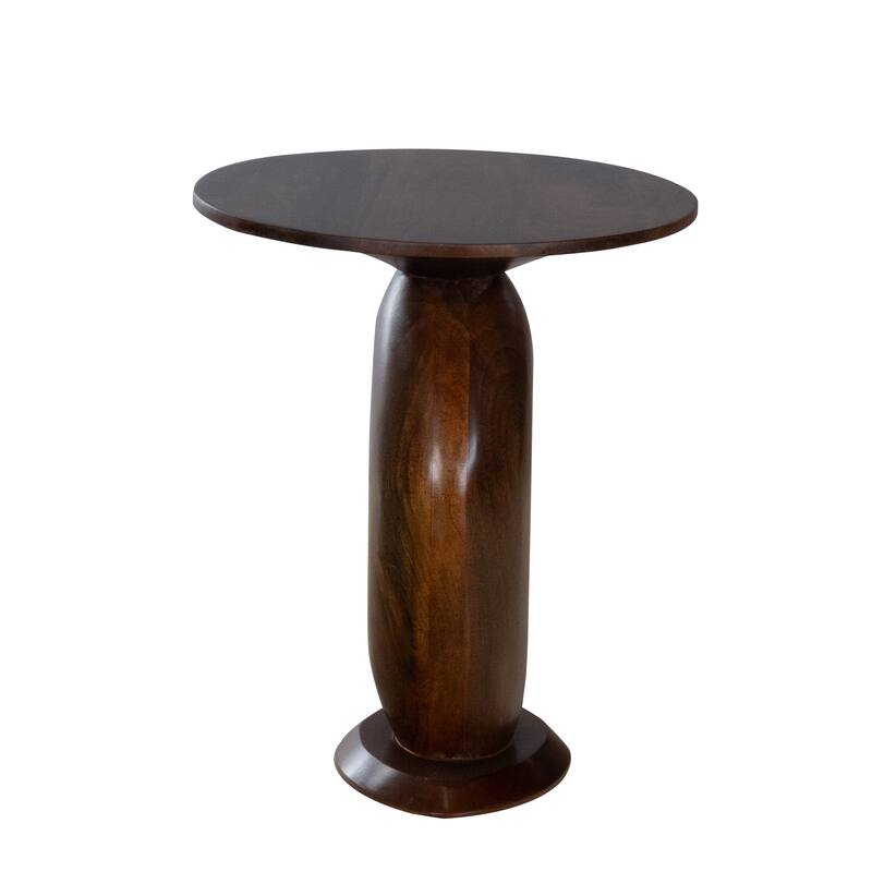 Round Mango Wood Side Table - Sculpted Pedestal Base Accent Table in Rich Stained Finish