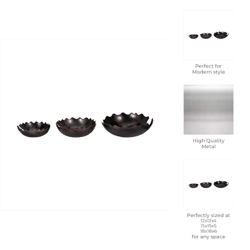 Scalloped Edge Decorative Bowl with Artistic Contours - Set of 3 - 18" x 18" x 6"