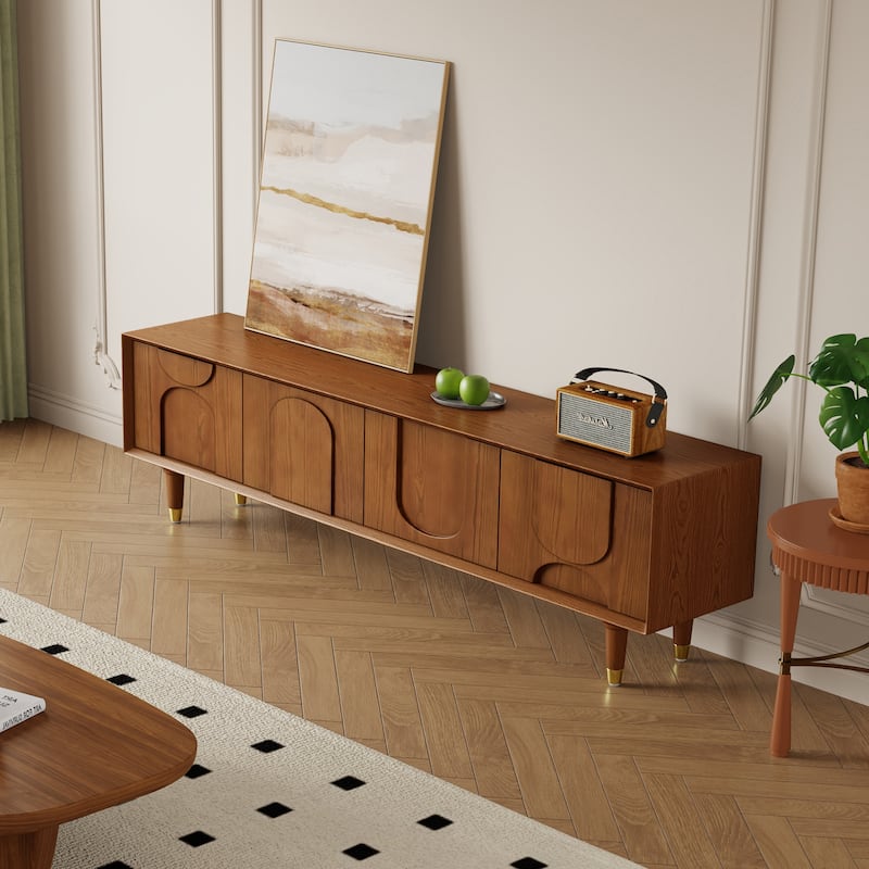 70.87" Mid Century TV Stands, Solid Wood with 4 Cabinets, Brown Media Console for Livingroom