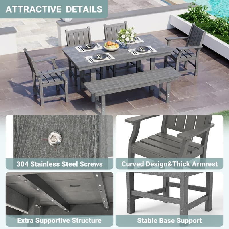 Gray 5/6-Piece HDPE Patio Dining Set with Rectangular Table & Bench