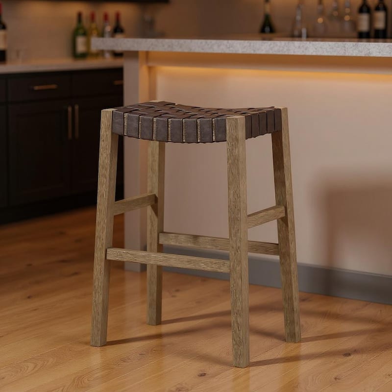HomeRoots 31" Stone and Gray Faux Leather and Solid Wood Backless Bar Height Bar Chair - Bar Height - Stone - Single