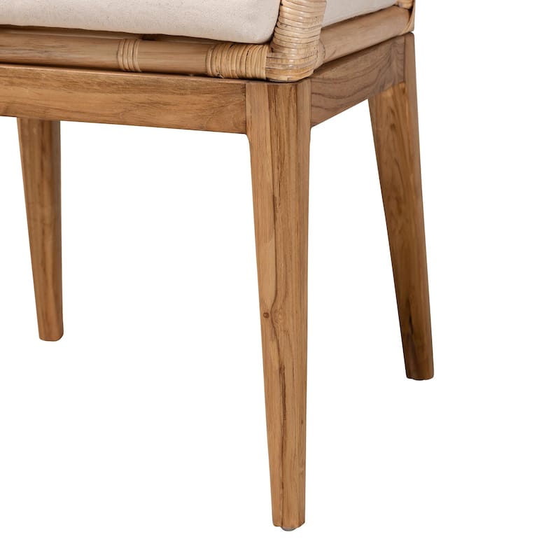 Storsel Modern Bohemian Natural Brown Finished Teak Wood and Rattan Dining Chair with Cream Fabric Cushion